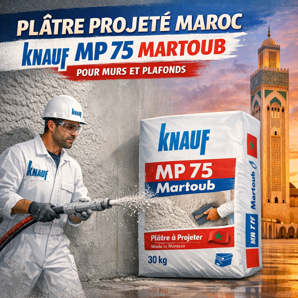 Professional applying Knauf MP 75 Martoub plaster on walls and ceilings in Morocco for smooth finish.